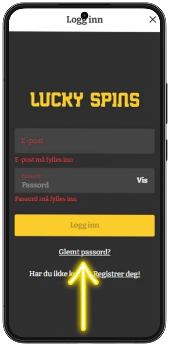 Innloggingsvindu hos Lucky Spins med lenken Glemt passord under knappen