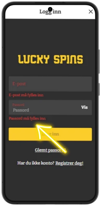 Innloggingsvindu hos Lucky Spins med feilmelding om passord over Logg inn-knappen