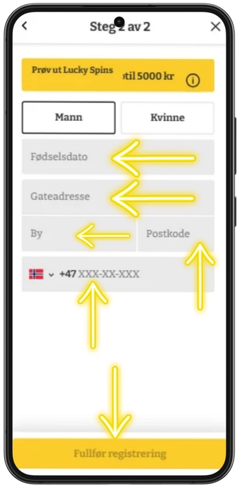 Steg 2 av 2 i registreringen hos Lucky Spins med felt for adresse og fødselsdato