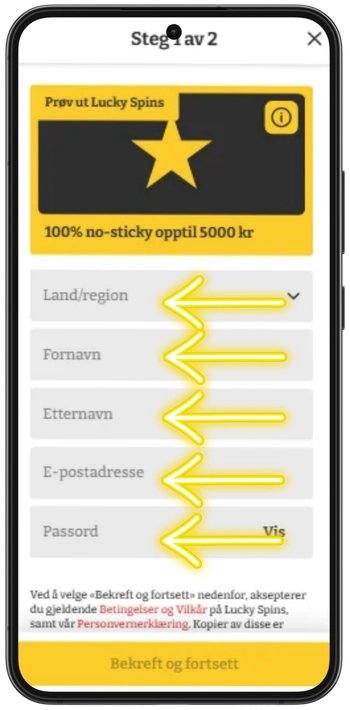 Registreringsskjema Steg 1 av 2 hos Lucky Spins med felt for navn og e-post