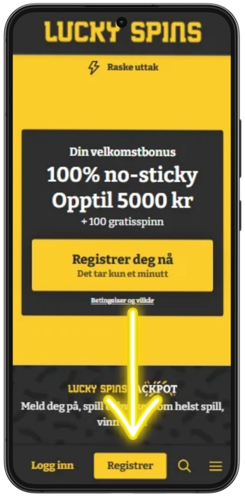 Startsiden hos Lucky Spins med Registrer-knappen nederst
