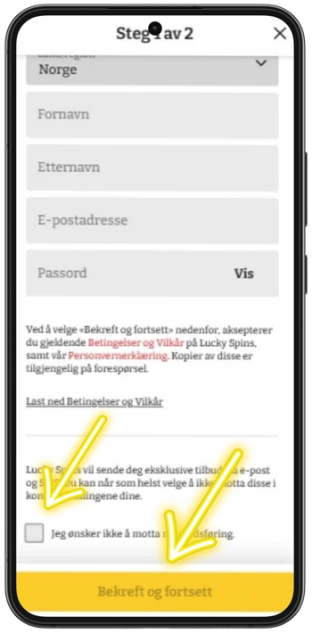 Bekreftelse av betingelser og vilkår hos Lucky Spins med knappen Bekreft og fortsett